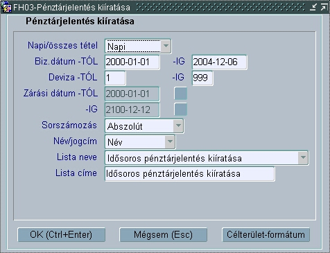 Pénztárjelentés szűrőképernyő