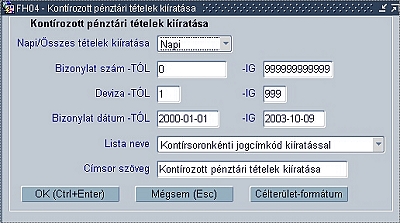 Kontírozott pénztári tételek szűrőképernyő
